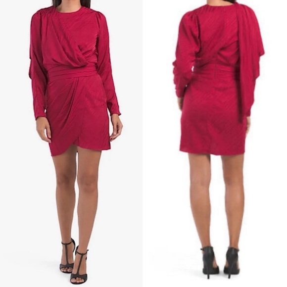 NWT RONNY KOBO Shanaya Mini Dress Size Large Deep Red Silky Long Sleeve Draped - Picture 1 of 12